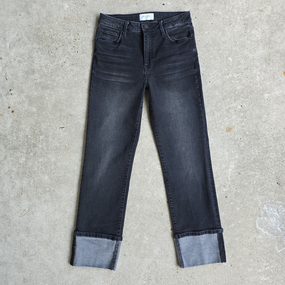 EverEVE Cuffed Jeans Size 27 Black The Ever Straight High-Waisted Retro Boho